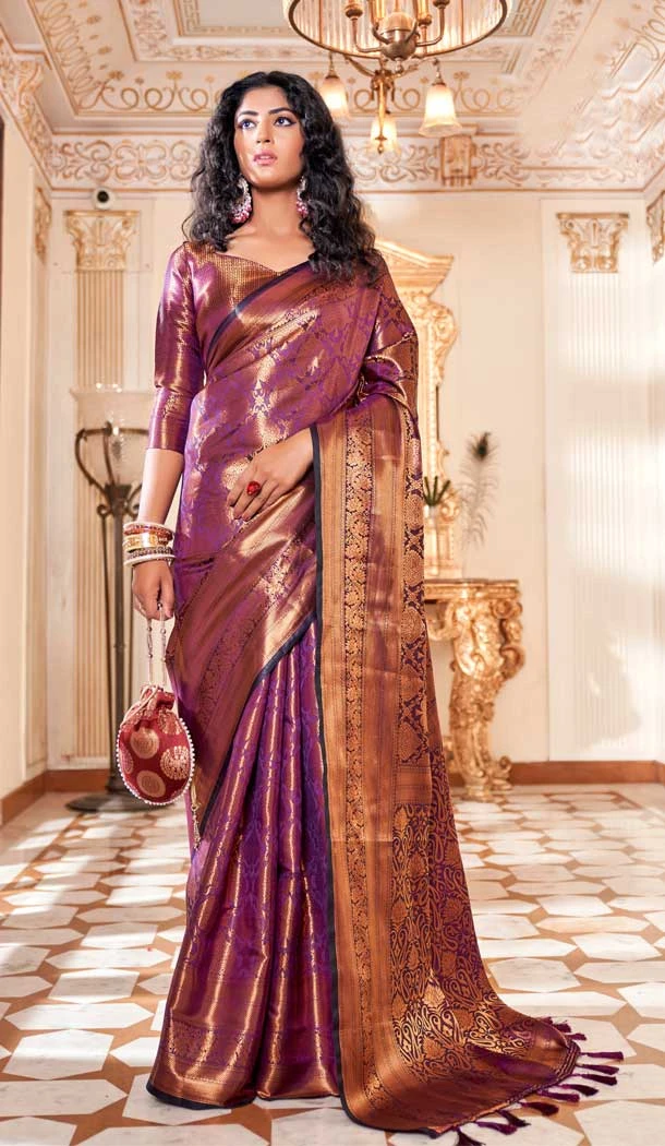 Purple Color Soft Silk Kanjivaram Jacquard Work Casual Party Wear Saree -5763164455