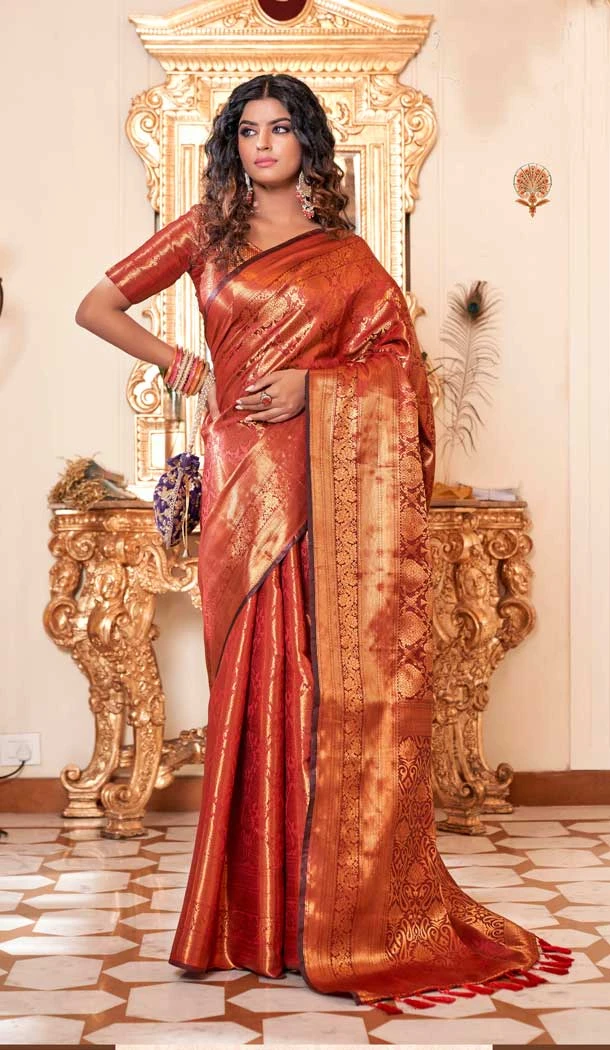 Orange Color Soft Silk Kanjivaram Jacquard Work Casual Party Wear Saree -5763164465