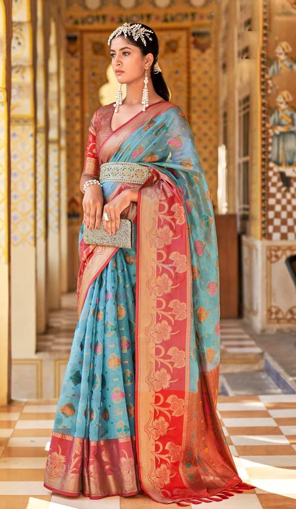 Blue Color Organza Jacquard Work Party Wear Designer Saree -5764164473