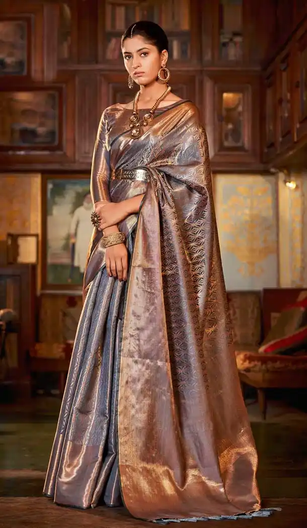 Grey Color Weaving Kanjivaram Silk Jacquard Work Festival Party Wear Saree -5765164476