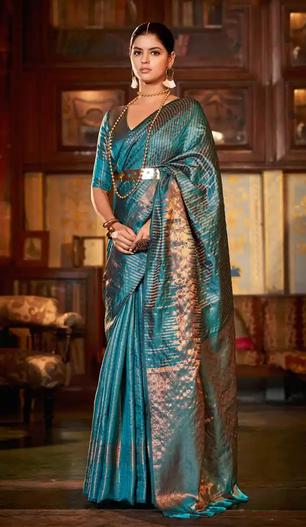 Teal Blue Color Weaving Kanjivaram Silk Jacquard Work Festival Party Wear Saree -5765164477