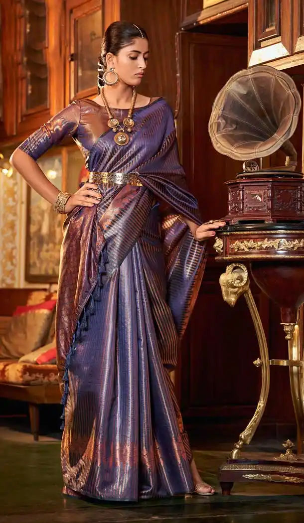 Navy Blue Color Weaving Kanjivaram Silk Jacquard Work Festival Party Wear Saree -5765164480