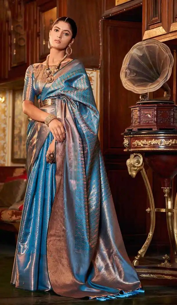 Blue Color Weaving Kanjivaram Silk Jacquard Work Festival Party Wear Saree -5765164482