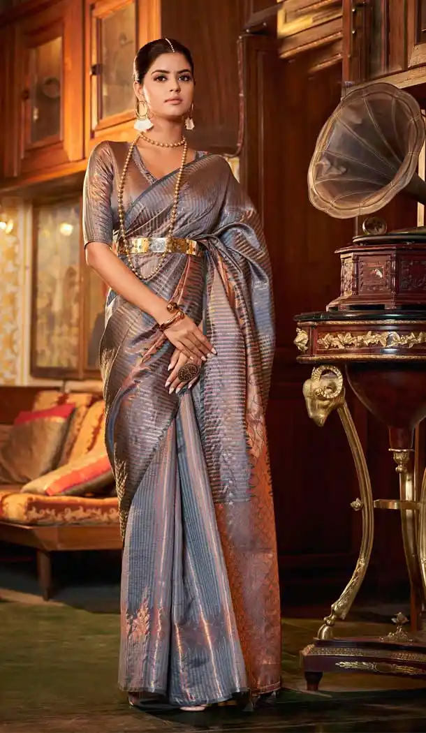 Weaving Kanjivaram Silk Grey Color Jacquard Work Festival Party Wear Saree -5765164483