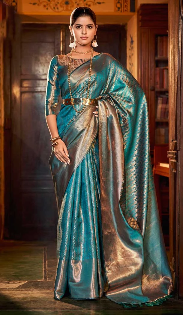 Aqua Blue Color Weaving Kanjivaram Silk Jacquard Work Festival Party Wear Saree -5765164484 Aqua Blue Color Weaving Kanjivaram Silk Jacquard Work Festival Party Wear Saree -5765164484