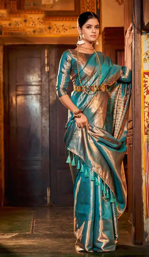 Turquoise Color Weaving Kanjivaram Silk Jacquard Work Festival Party Wear Saree -5765164486