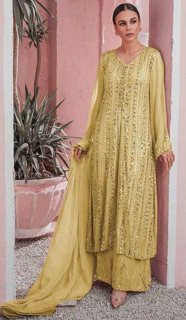Light Yellow Color Fox Georgette Sequins Work Pakistani Style Palazzo Suit -5776164534