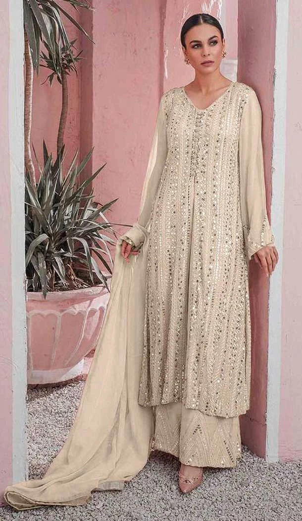 Off White Color Fox Georgette Sequins Work Pakistani Style Palazzo Suit -5776164537