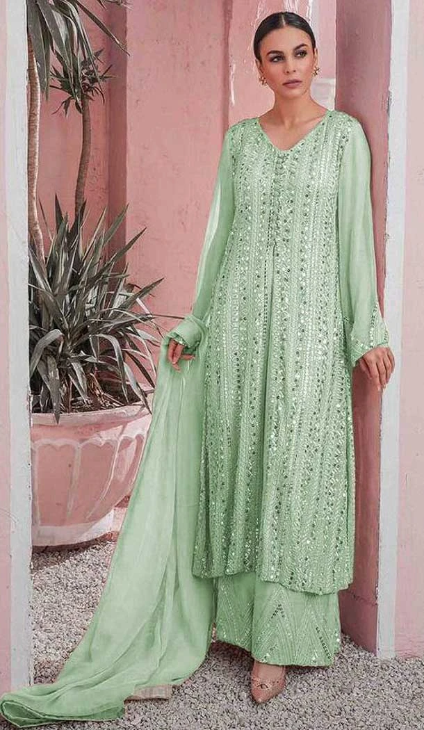 Pastel Green Color Fox Georgette Sequins Work Pakistani Style Palazzo Suit -5776164538