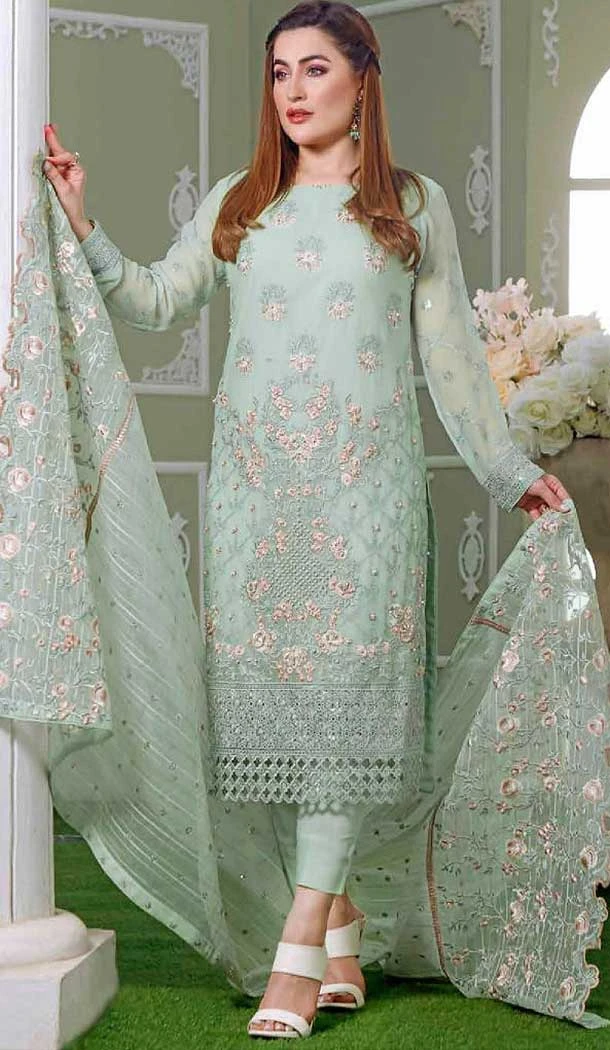 Light Green Color Faux Georgette Embroidery Work Pakistani Style Suit -5777164539