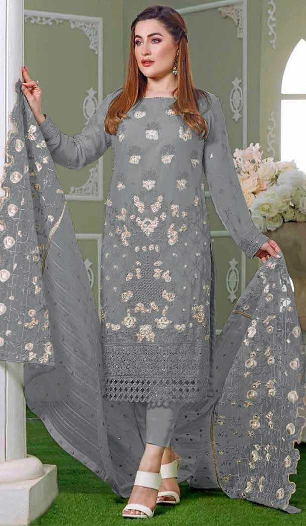 Grey Color Faux Georgette Embroidery Work Pakistani Style Suit -5777164541
