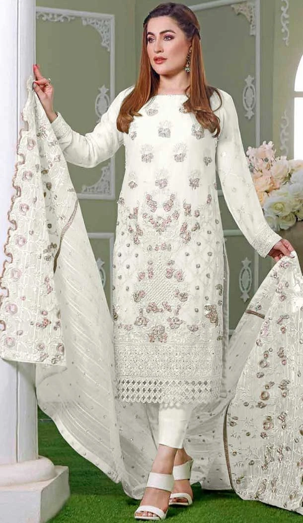 Off White Color Faux Georgette Embroidery Work Pakistani Style Suit -5777164543