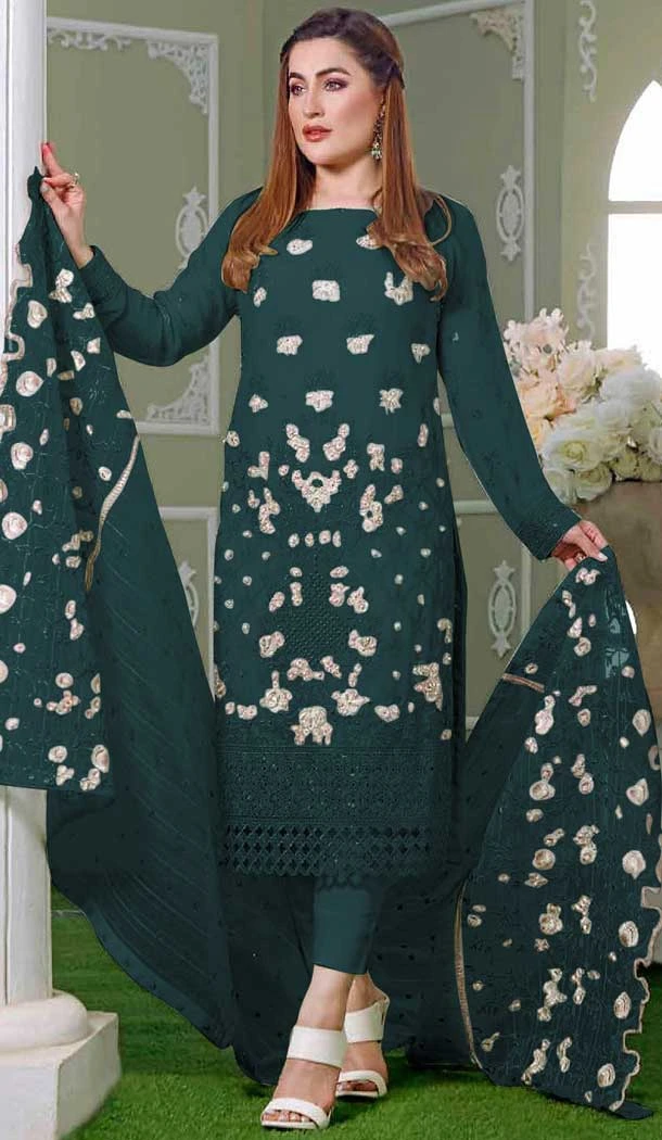 Green Color Faux Georgette Embroidery Work Pakistani Style Suit -5777164545