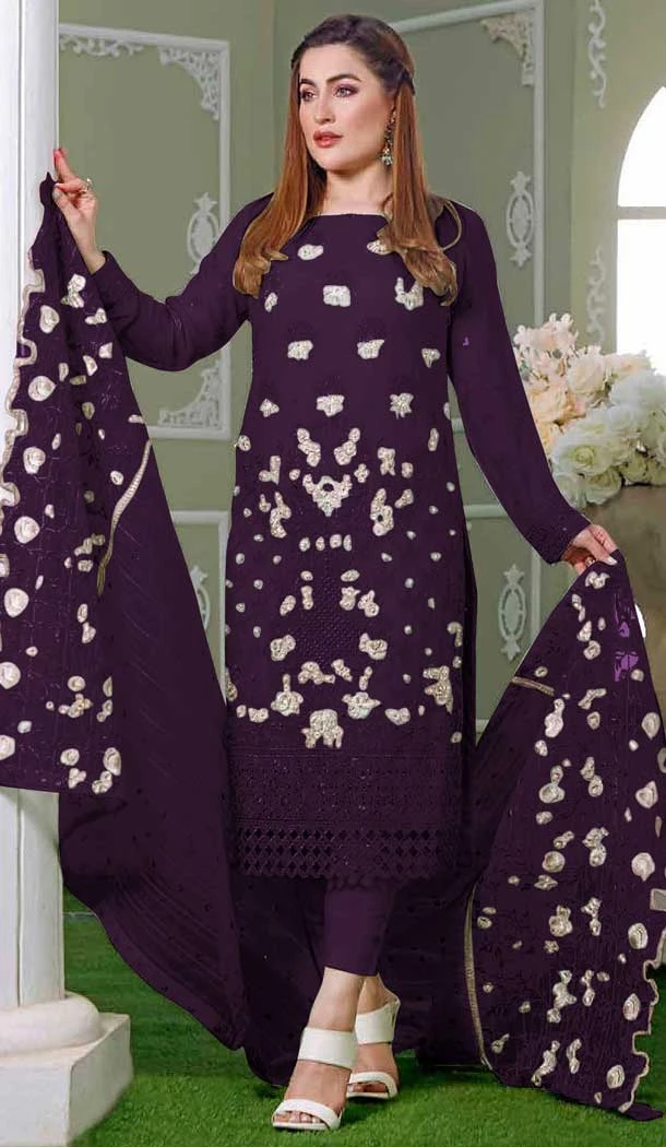 Wine Color Faux Georgette Embroidery Work Pakistani Style Suit -5777164546