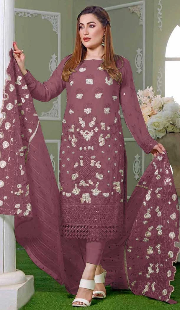 Dark Mauve Color Faux Georgette Embroidery Work Pakistani Style Suit -5777164547