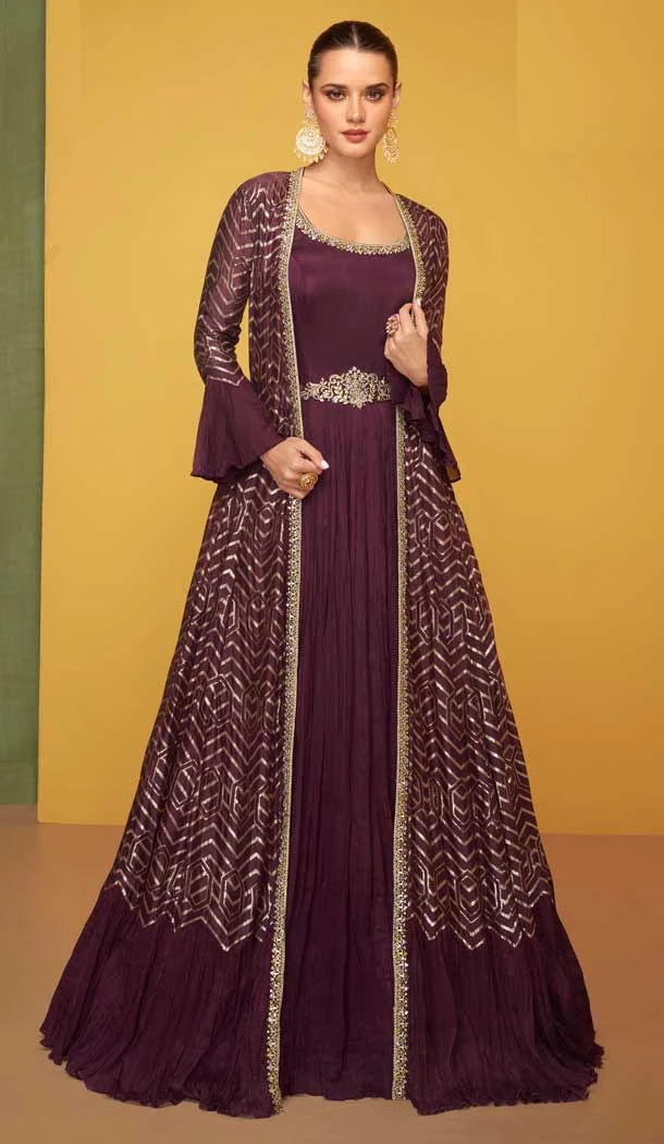 Brown Color Faux Georgette Embroidery And Zari Work Festival Wear Gown Style Salwar Suit -5778164550