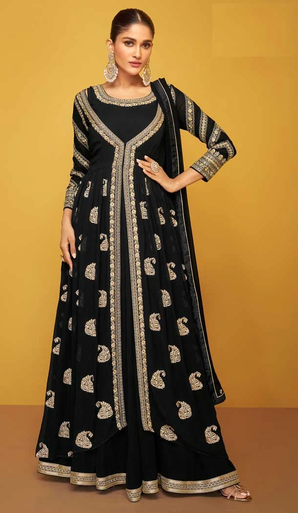 Black Color Faux Georgette Embroidery Work Festival Wear Gown Style Salwar Suit -5778164551