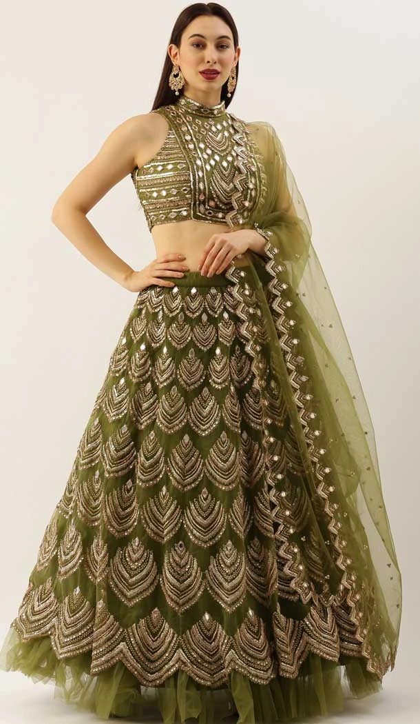 Olive Color Net Resham Work Designer Wear Heavy Lehenga Choli -5782164571
