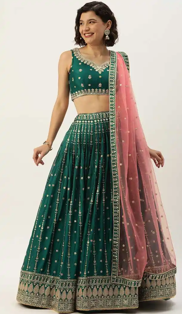 Teal Green Color Pure Georgette Resham Work Designer Wear Heavy Lehenga Choli -5782164573