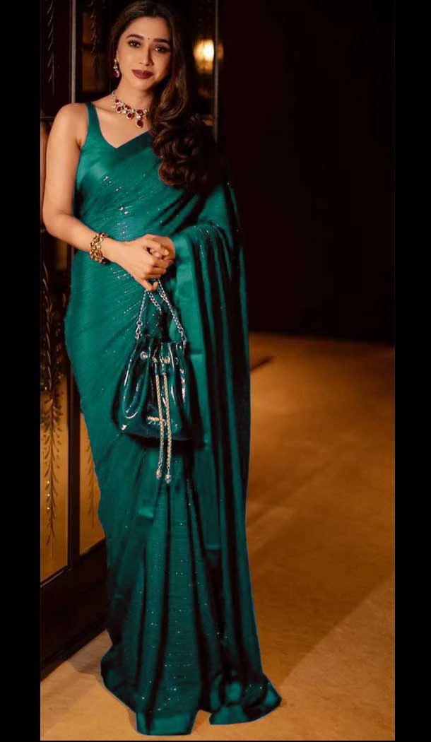 Party Wear Teal Color Heavy Georgette Sequence Work Party Saree -5783164577