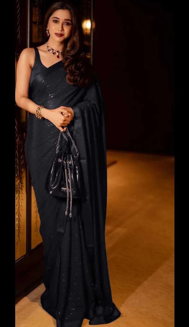 Party Wear Black Color Heavy Georgette Sequence Work Party Saree -5783164581