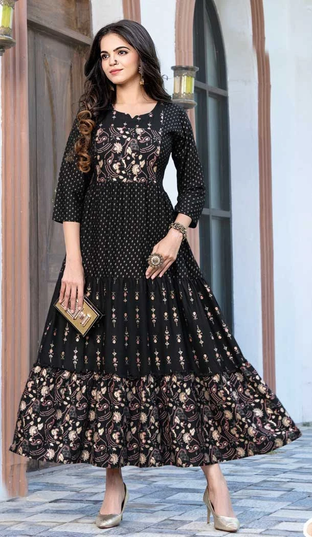 Black Color Pure Rayon Foil Print Work Party Wear Readymade Kurti -5789164618