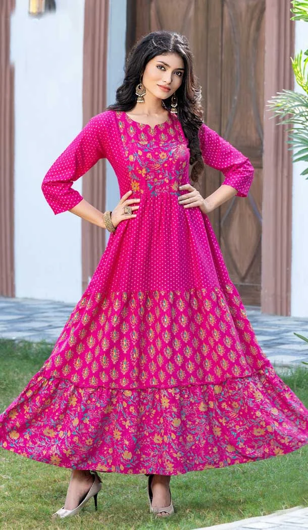 Pink Color Pure Rayon Foil Print Work Party Wear Readymade Kurti -5789164619