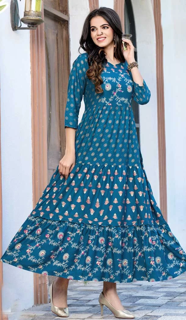 Teal Color Pure Rayon Foil Print Work Party Wear Readymade Kurti -5789164620
