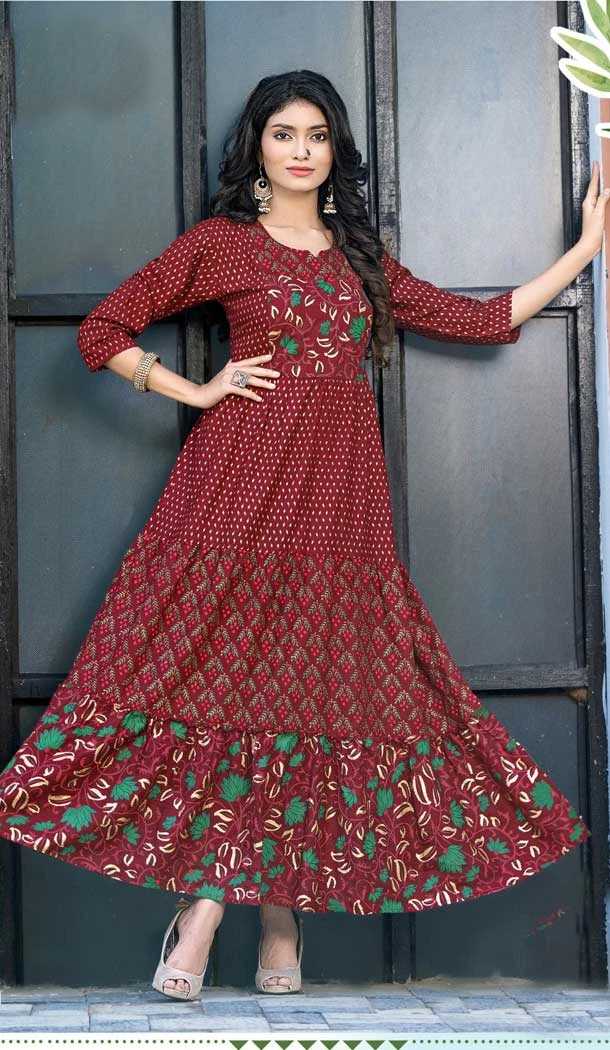 Maroon Color Pure Rayon Foil Print Work Party Wear Readymade Kurti -5789164621