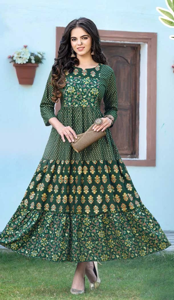 Green Color Pure Rayon Foil Print Work Party Wear Readymade Kurti -5789164622