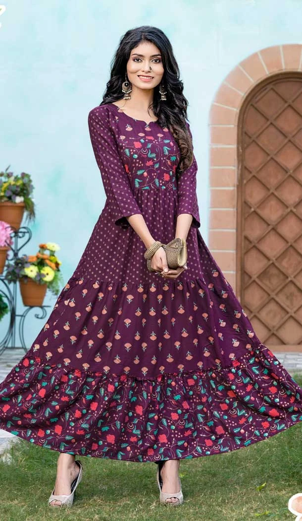 Purple Color Pure Rayon Foil Print Work Party Wear Readymade Kurti -5789164623