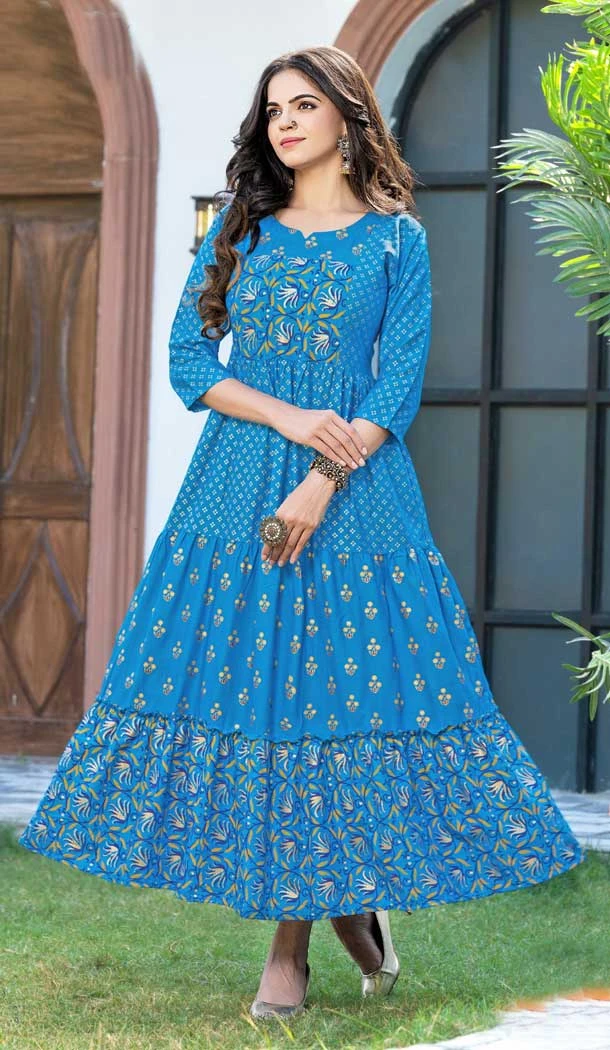 Blue Color Pure Rayon Foil Print Work Party Wear Readymade Kurti -5789164624