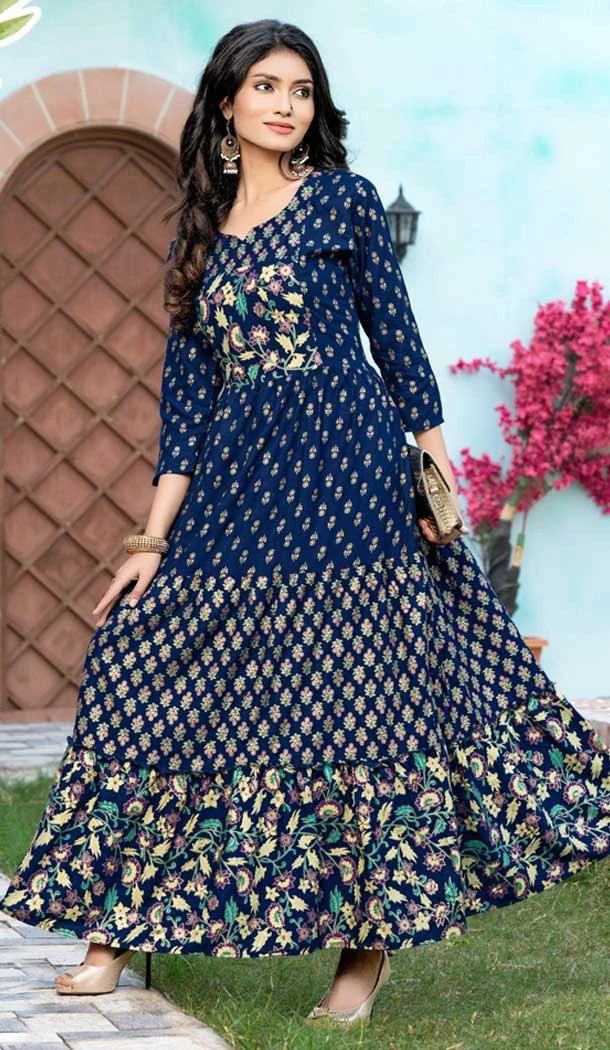 Navy Blue Color Pure Rayon Foil Print Work Party Wear Readymade Kurti -5789164625