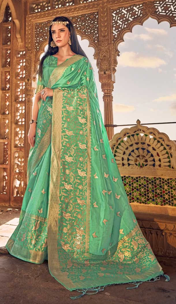 Mint Color Pure Viscose Silk Embroidery Work Party Wear Designer Saree -5780164558