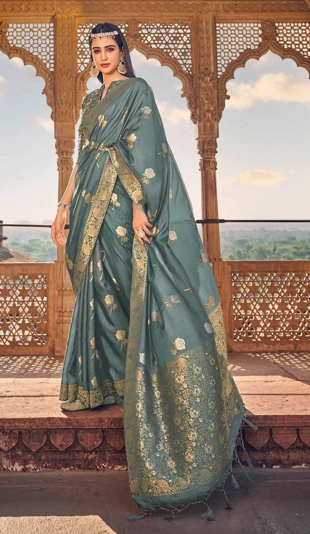 Grey Color Pure Viscose Silk Embroidery Work Party Wear Designer Saree -5780164560