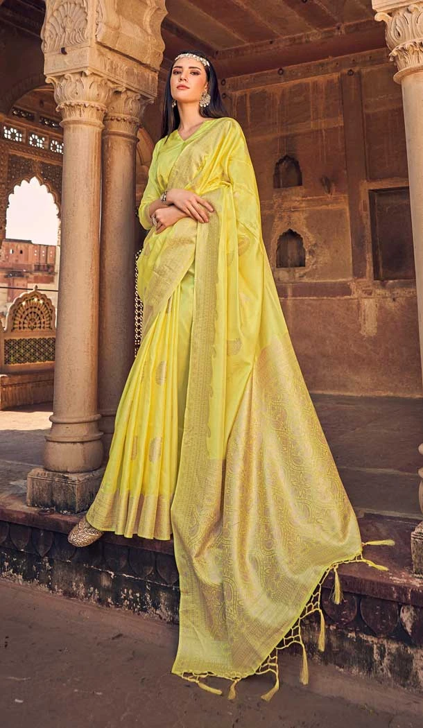 Yellow Color Pure Viscose Silk Embroidery Work Party Wear Designer Saree -5780164561