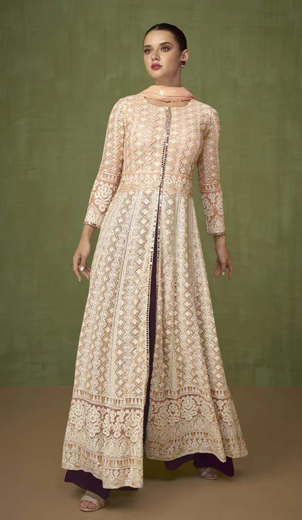 Peach Color Fox Georgette Sequins Work Anarkali Style Palazzo Salwar Suit -5800164692