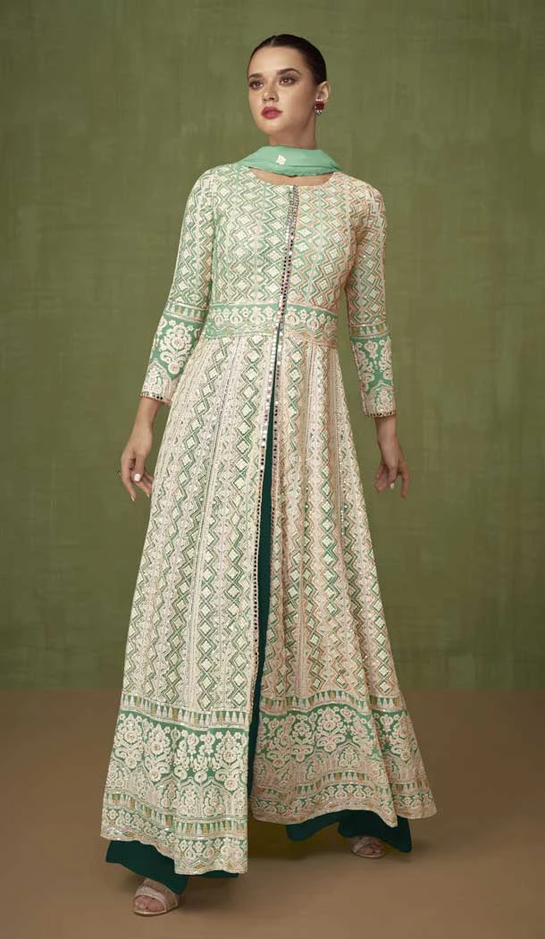 Green Color Fox Georgette Sequins Work Anarkali Style Palazzo Salwar Suit -5800164693