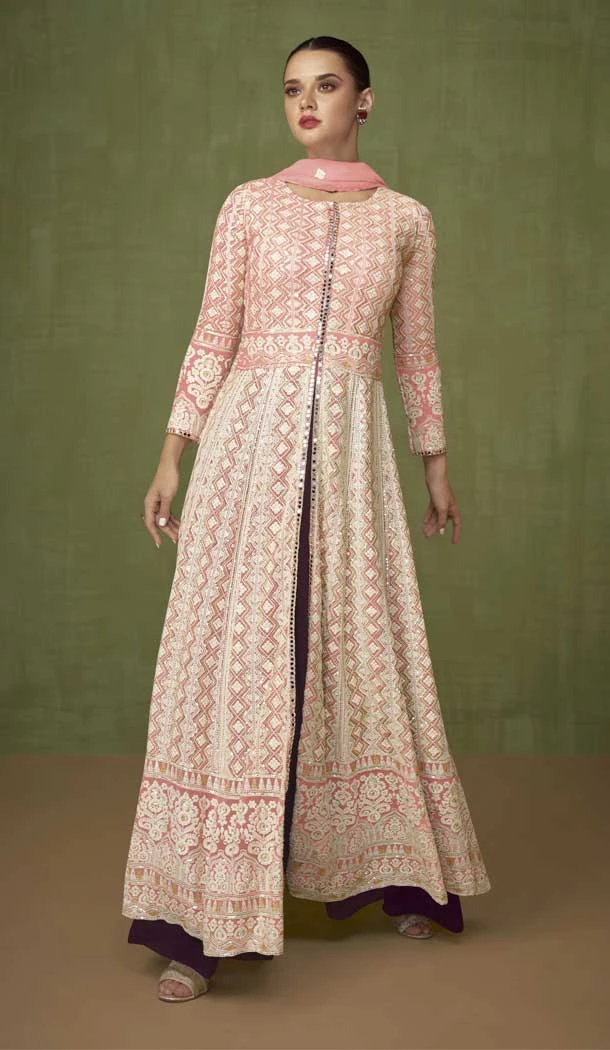 Pink Color Fox Georgette Sequins Work Anarkali Style Palazzo Salwar Suit -5800164694