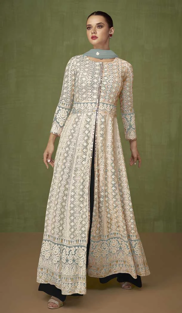 Grey Color Fox Georgette Sequins Work Anarkali Style Palazzo Salwar Suit -5800164695