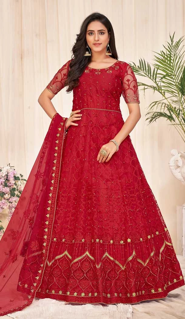 Red Color Net Resham And Stone Work Festival Wear Designer Salwar Suit -5812164779