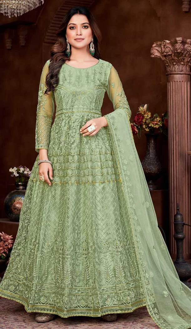 Dusty Green Color Net Resham Work Festival Wear Designer Salwar Suit -5812164787