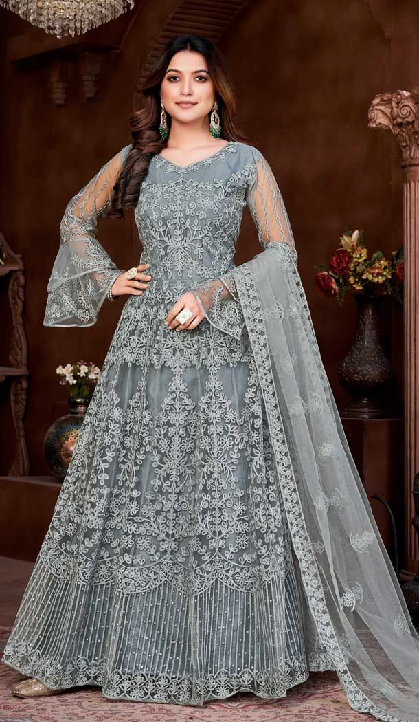 Grey Color Net Resham And Stone Work Festival Wear Designer Salwar Suit -5812164788