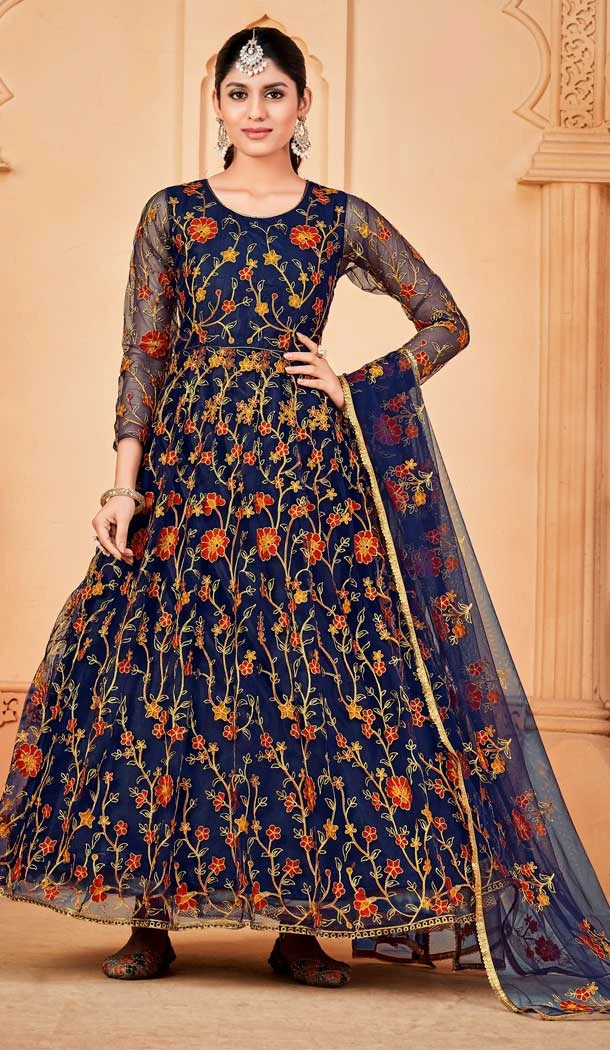 Resham And Zari Work Navy Blue Color Net Festival Wear Designer Salwar Suit -5812164791