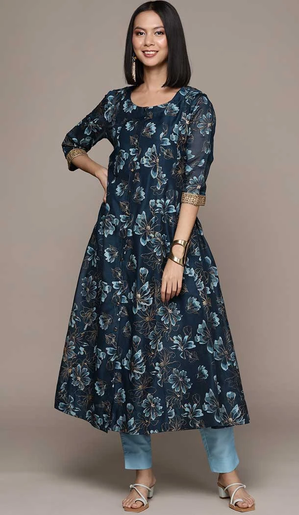 Navy Blue Color Chanderi Cotton Digital Print Work Festival Wear Readymade Designer Kurti -5816164830