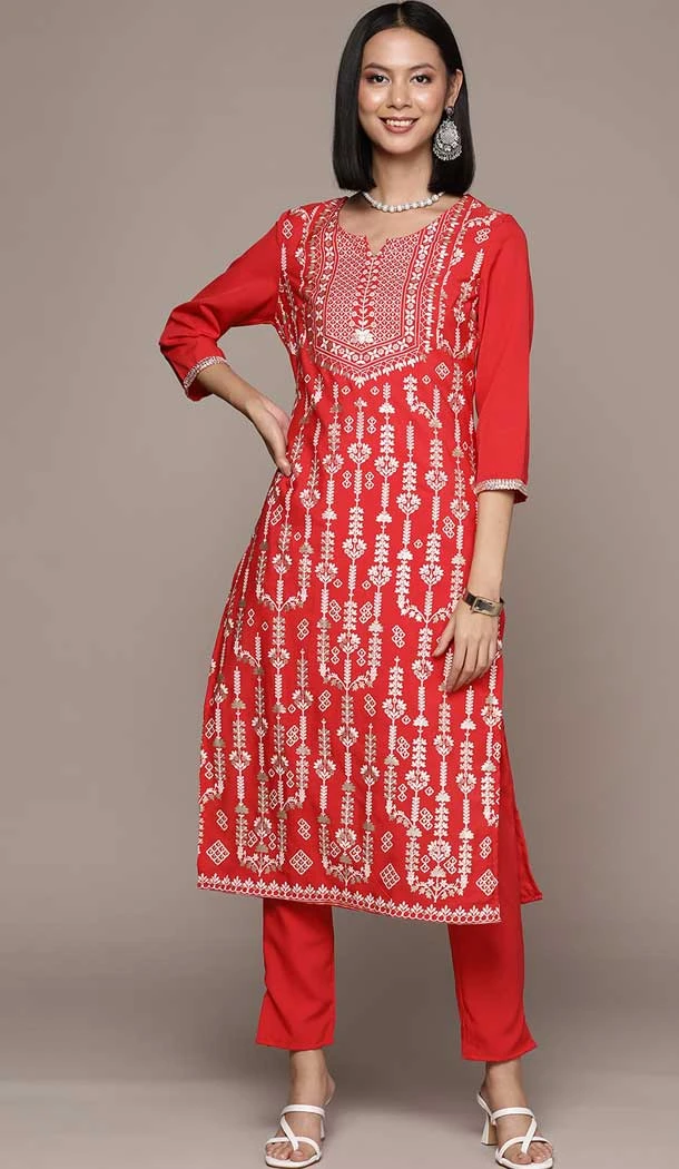 Red Color Crepe Foil Print Work Festival Wear Readymade Designer Kurti -5816164831
