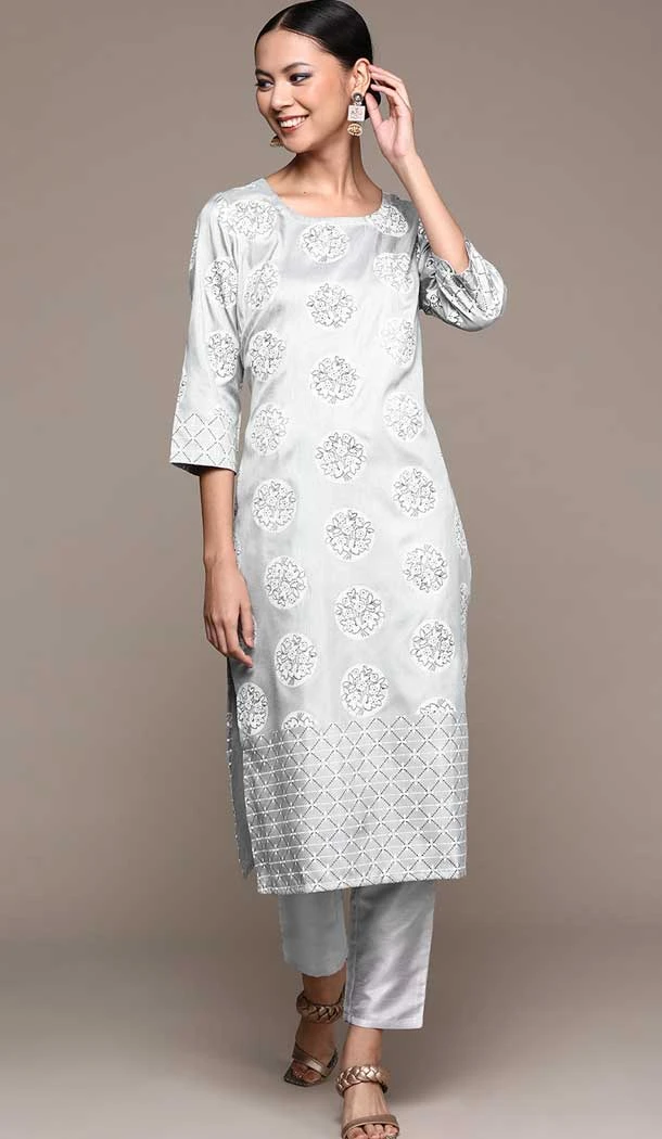 Light Grey Color Poly Silk Digital Print Work Festival Wear Readymade Designer Kurti -5816164833