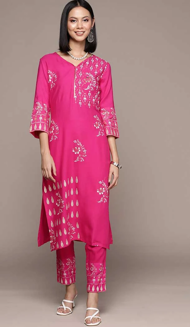 Pink Color Rayon Foil Print Work Festival Wear Readymade Designer Kurti -5816164836