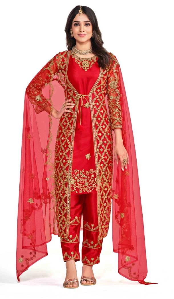Red Color Butterfly Net Embroidery And Diamond Work Party Wear Salwar Suit -5822164857