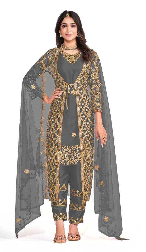 Grey Color Butterfly Net Embroidery And Diamond Work Party Wear Salwar Suit -5822164861